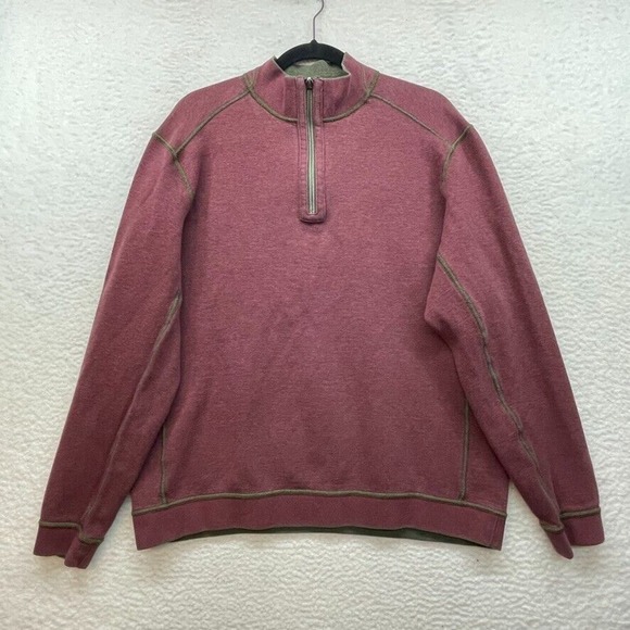 Tommy Bahama Sweatshirt Mens Large Red Gray Flipshore 1/4 Zip Reversible Sweater - Picture 1 of 10